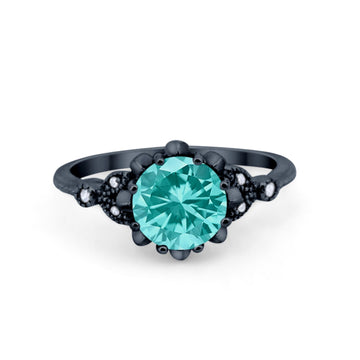 Art Deco Fashion Ring Round Black Tone, Simulated Paraiba Tourmaline CZ 925 Sterling Silver